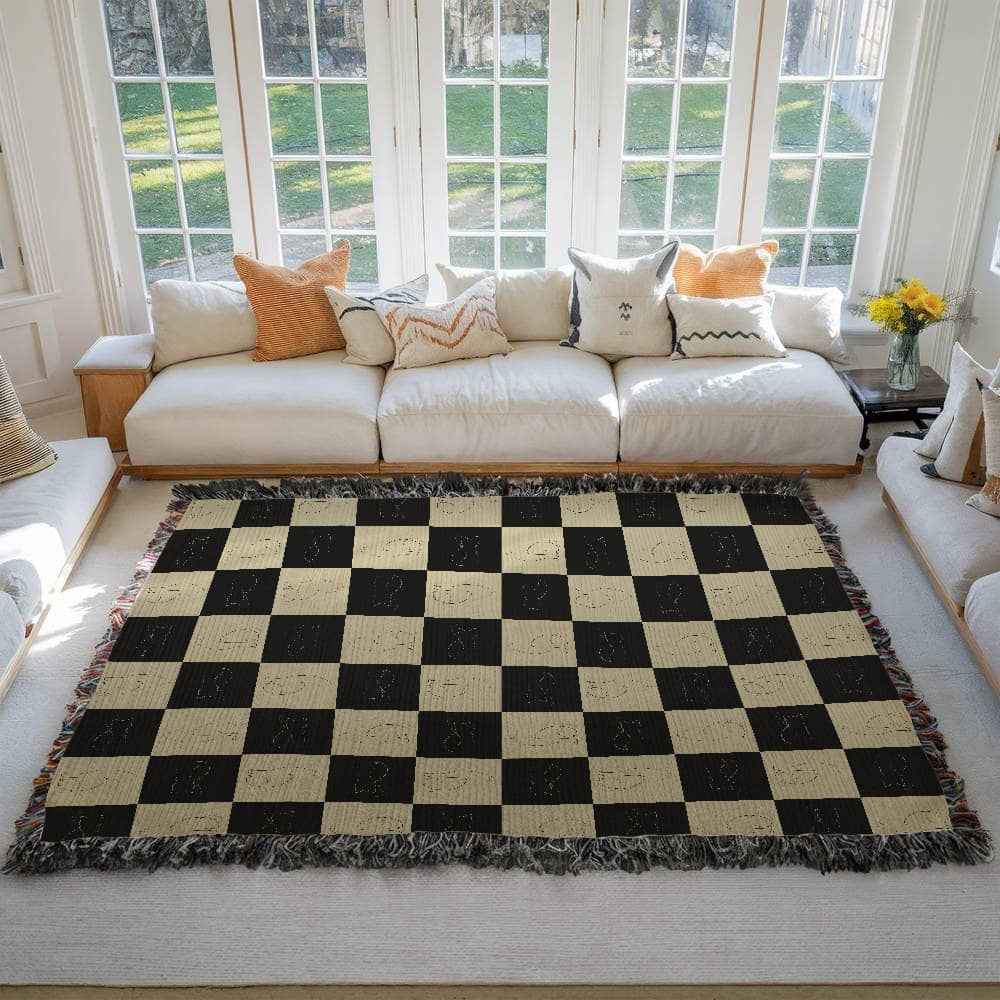 Checked Feline Throw Blanket with Gold & Black Cat Outline - Cat - (3 Sizes) - (S,M,L)