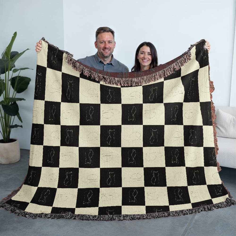 Checked Feline Throw Blanket with Gold & Black Cat Outline - Cat - (3 Sizes) - (S,M,L)
