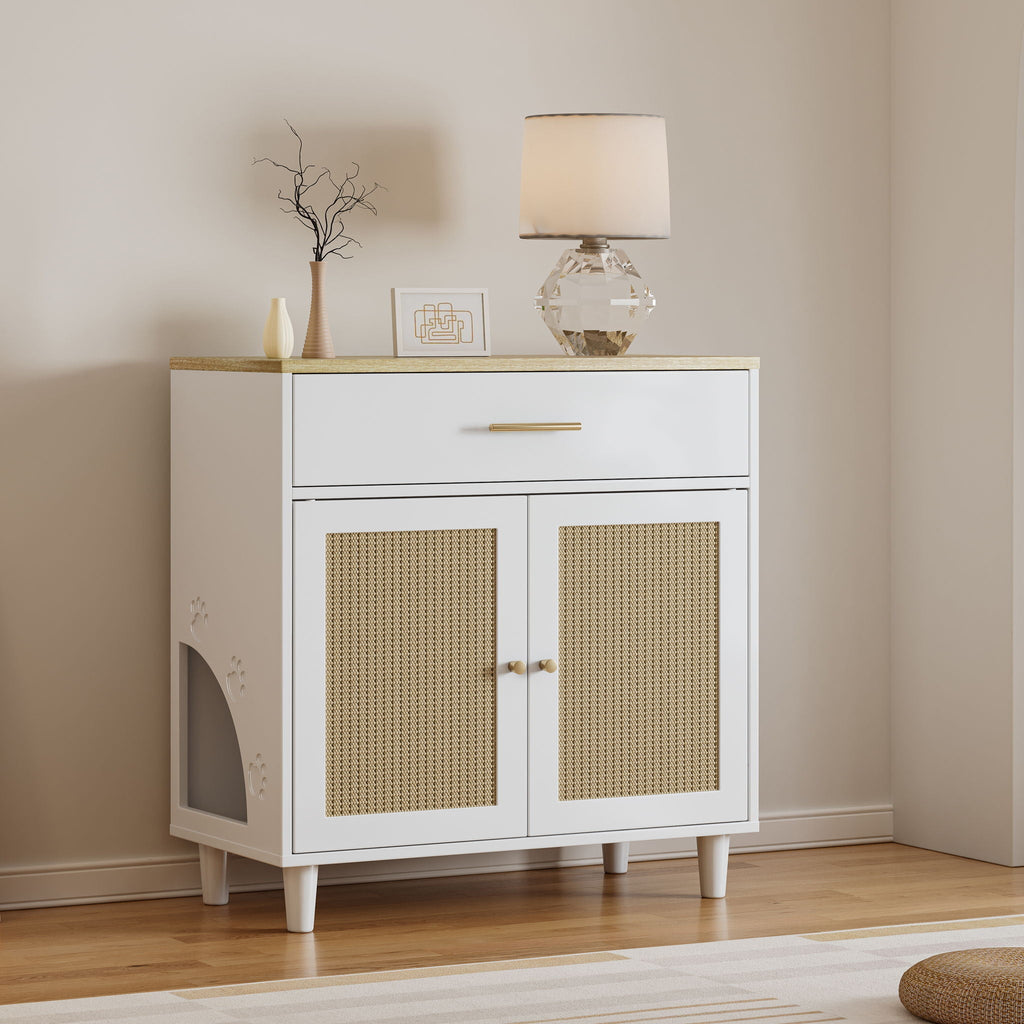 Wood Cabinet Furniture Litter Box Enclosure - Cat - (With Scratch Pad) - (White/Lt. Brown) - (While Supplies Last)