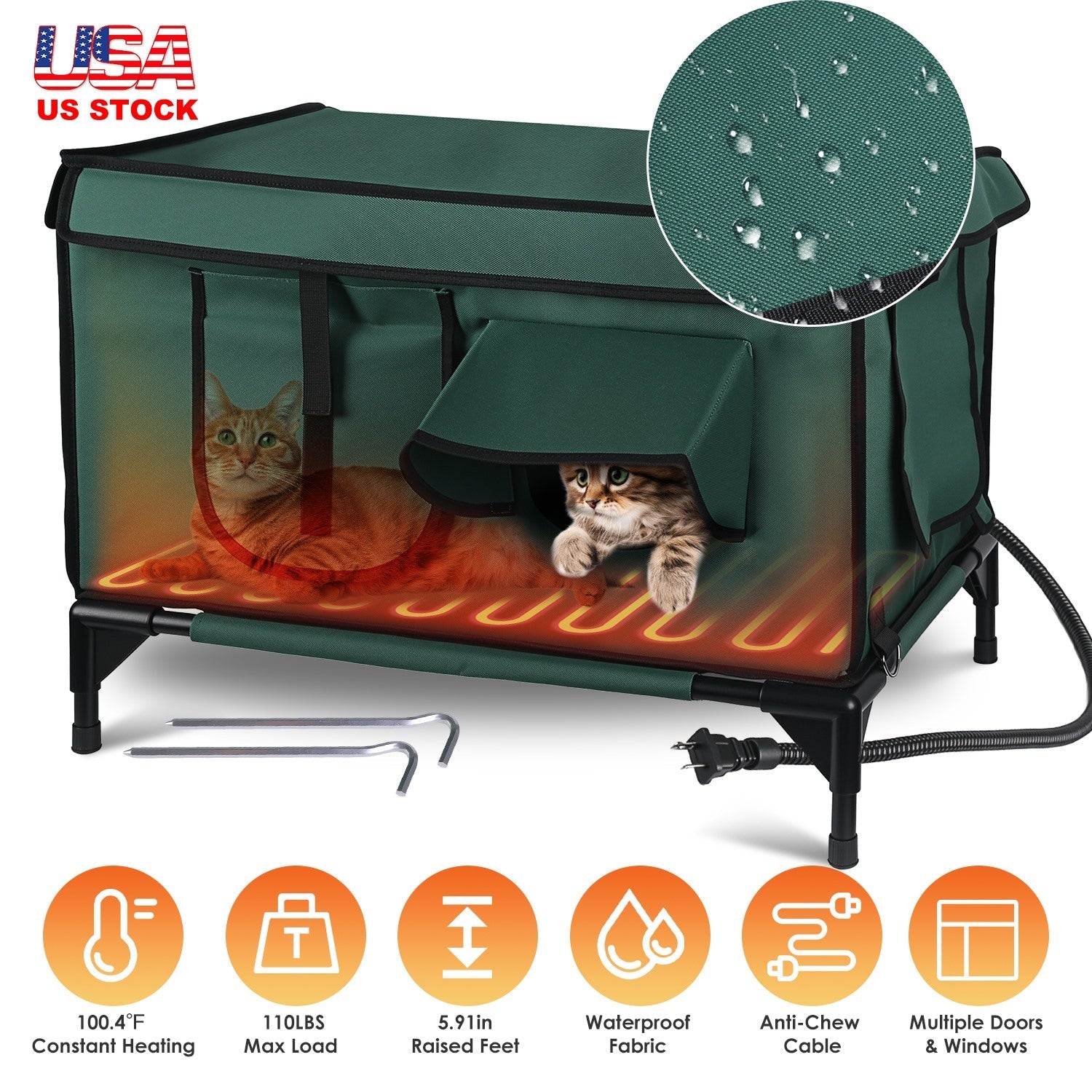 Weatherproof and Heated Shelter House - Multiple Cats - (Green - (While Supplies Last)