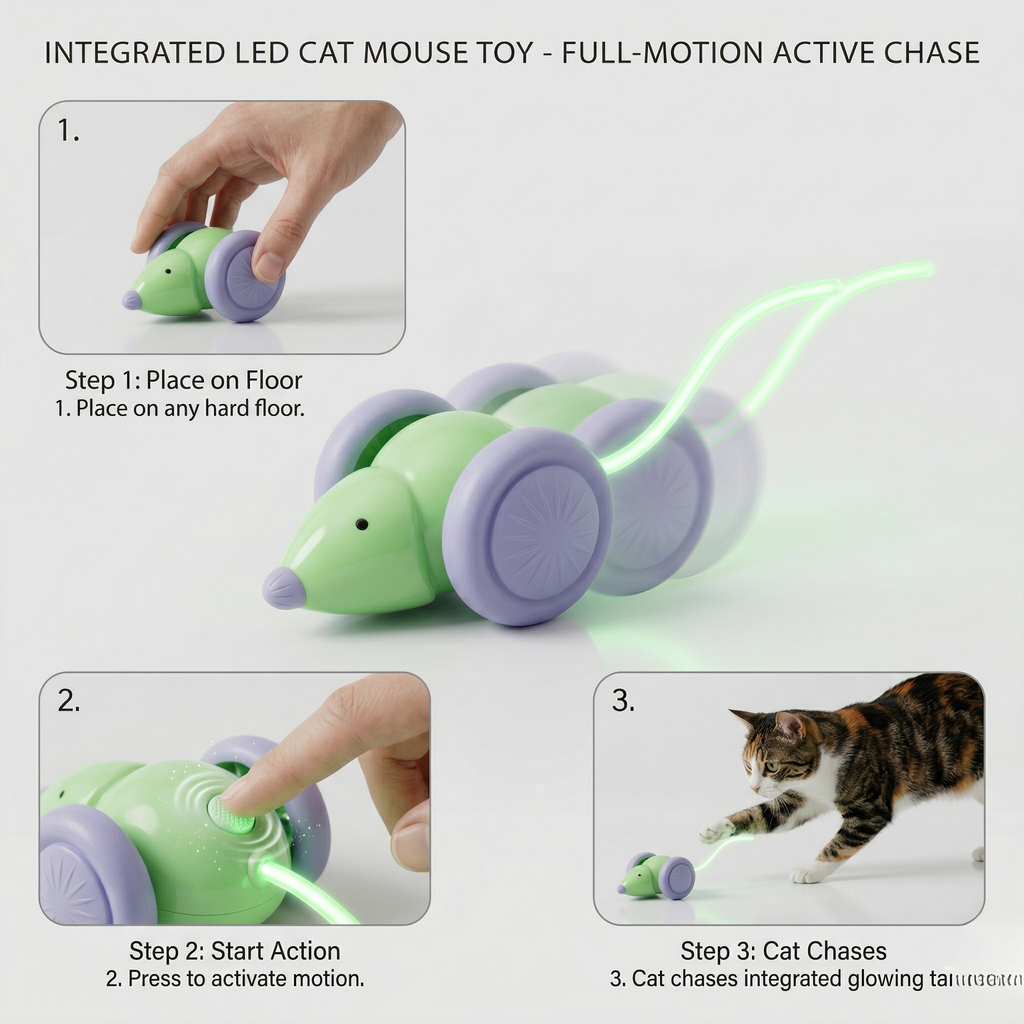 Interactive Mouse with Tail Wagging Toy - Cat - (USB Charged) - (Green, White)