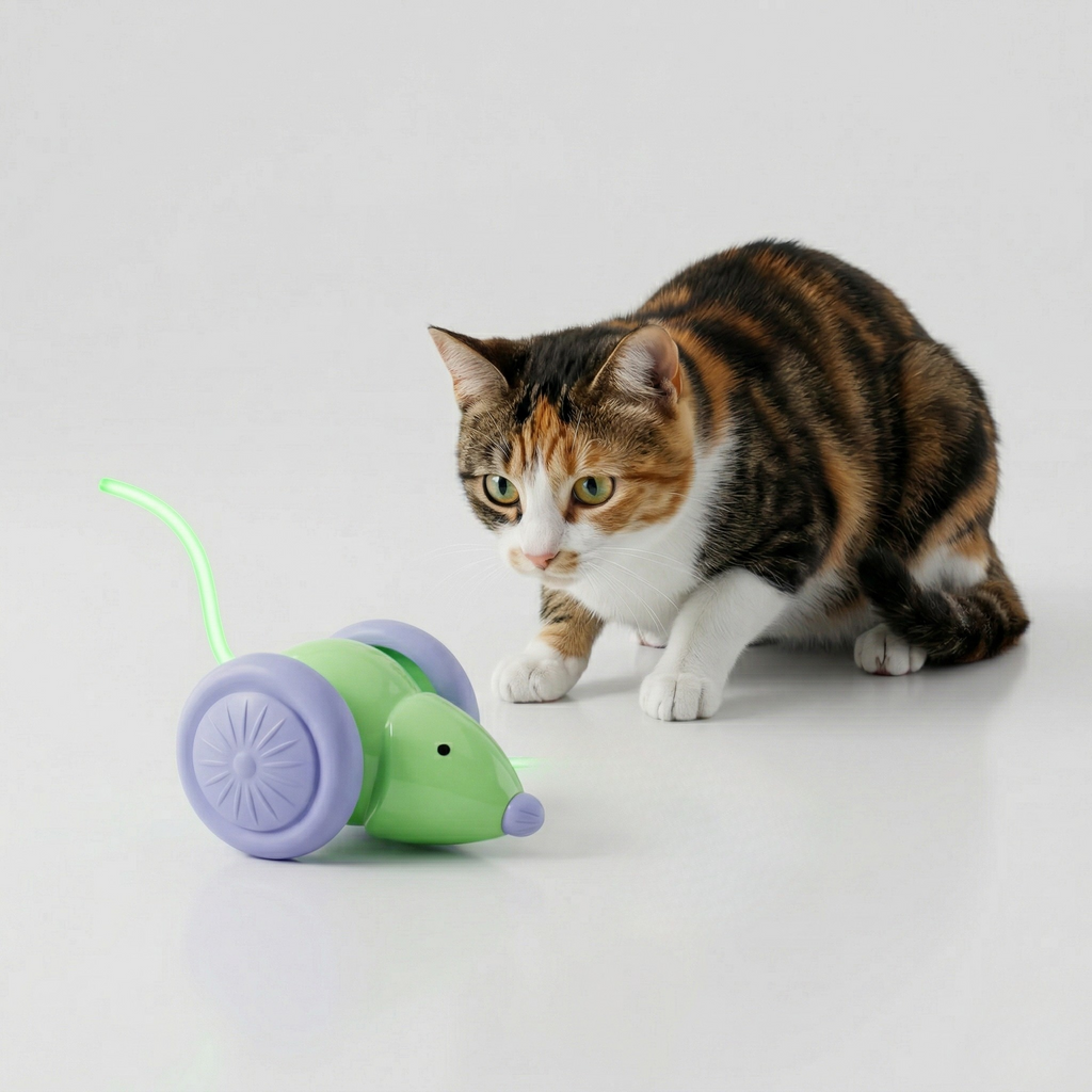 Interactive Mouse with Tail Wagging Toy - Cat - (USB Charged) - (Green, White)