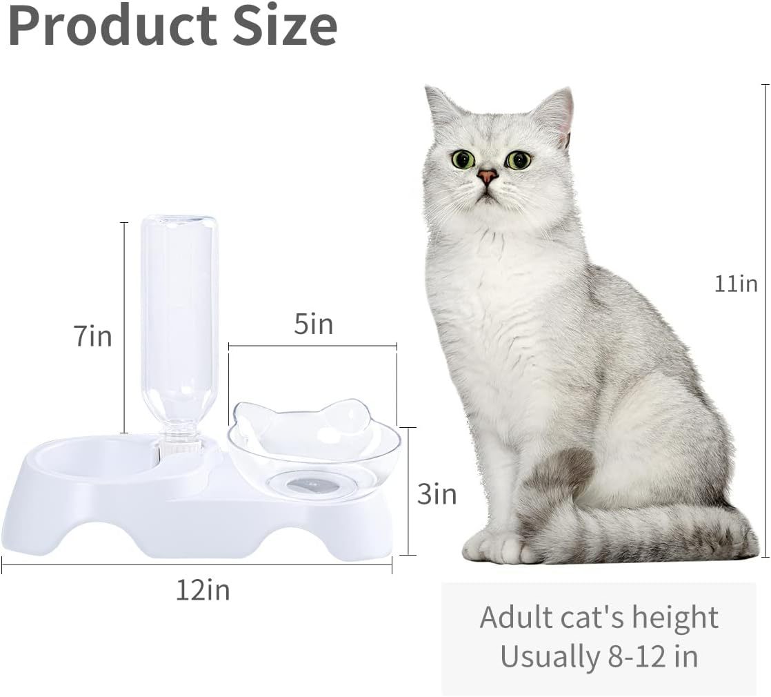 Tilted Water & Food Bowls with Automatic Water Dispenser on White Base - Cat - (Clear)