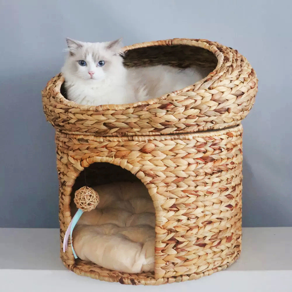 Woven Rattan Double-layer Bed - Cat - (6 Color Options) - (Two Beds in One Piece)