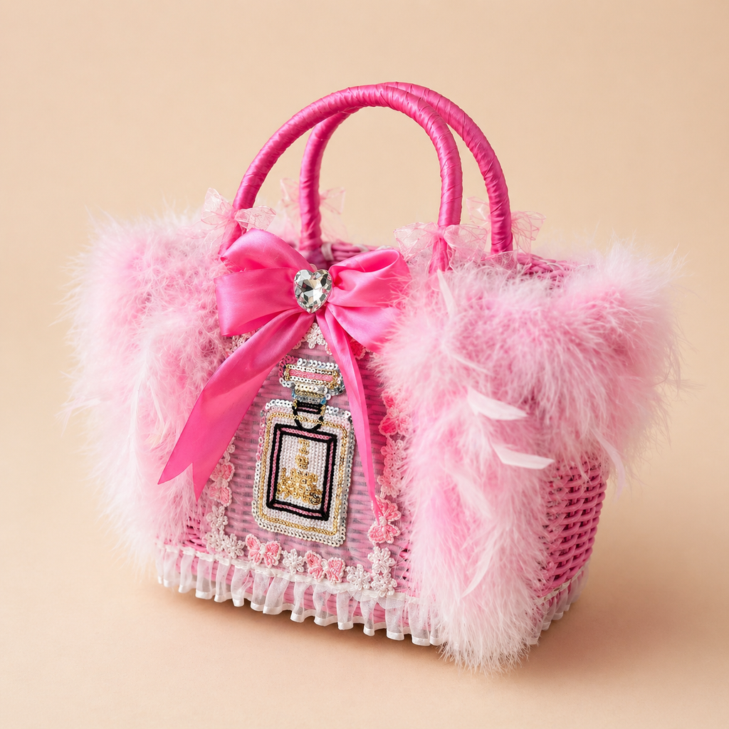 Luxury Feather Pet Carrier Bag with Bow & Crystal Charm - Princess Dog Cat - (Pink) - (Faux Fur) - (While Supplies Last)