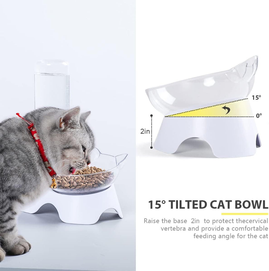 Tilted Water & Food Bowls with Automatic Water Dispenser on White Base - Cat - (Clear)
