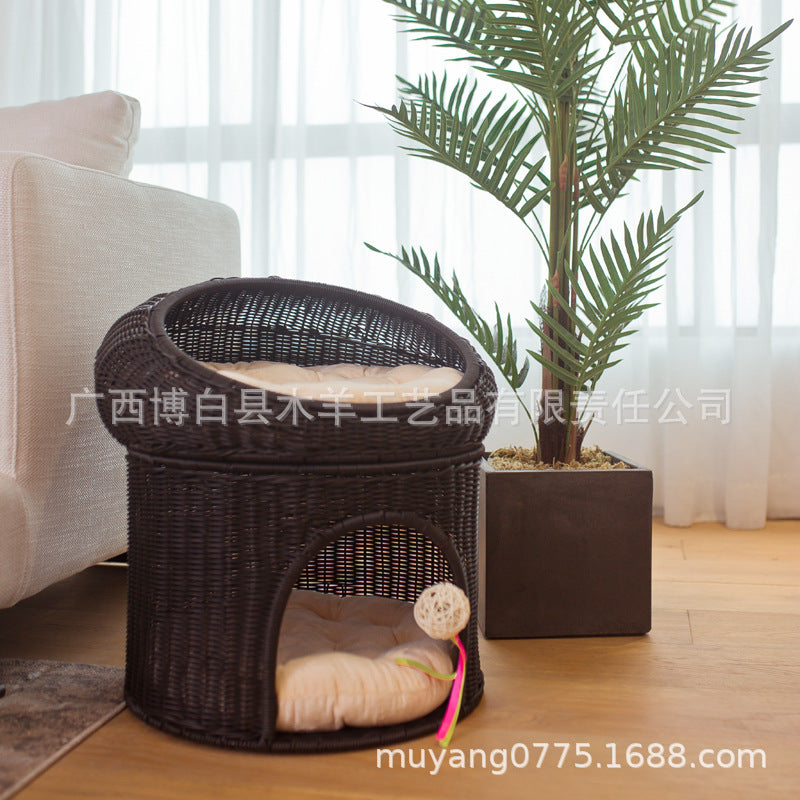 Woven Rattan Double-layer Bed - Cat - (6 Color Options) - (Two Beds in One Piece)