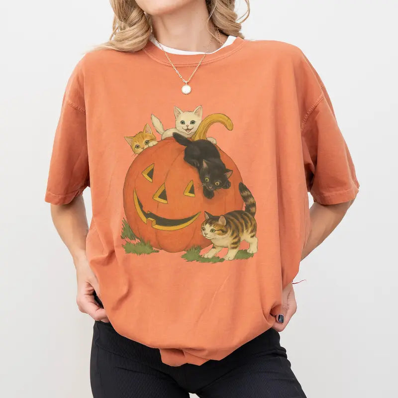 Vintage 90s Halloween Cat T-Shirt -(11 Colors) - (3XL - Sm) - Ladies