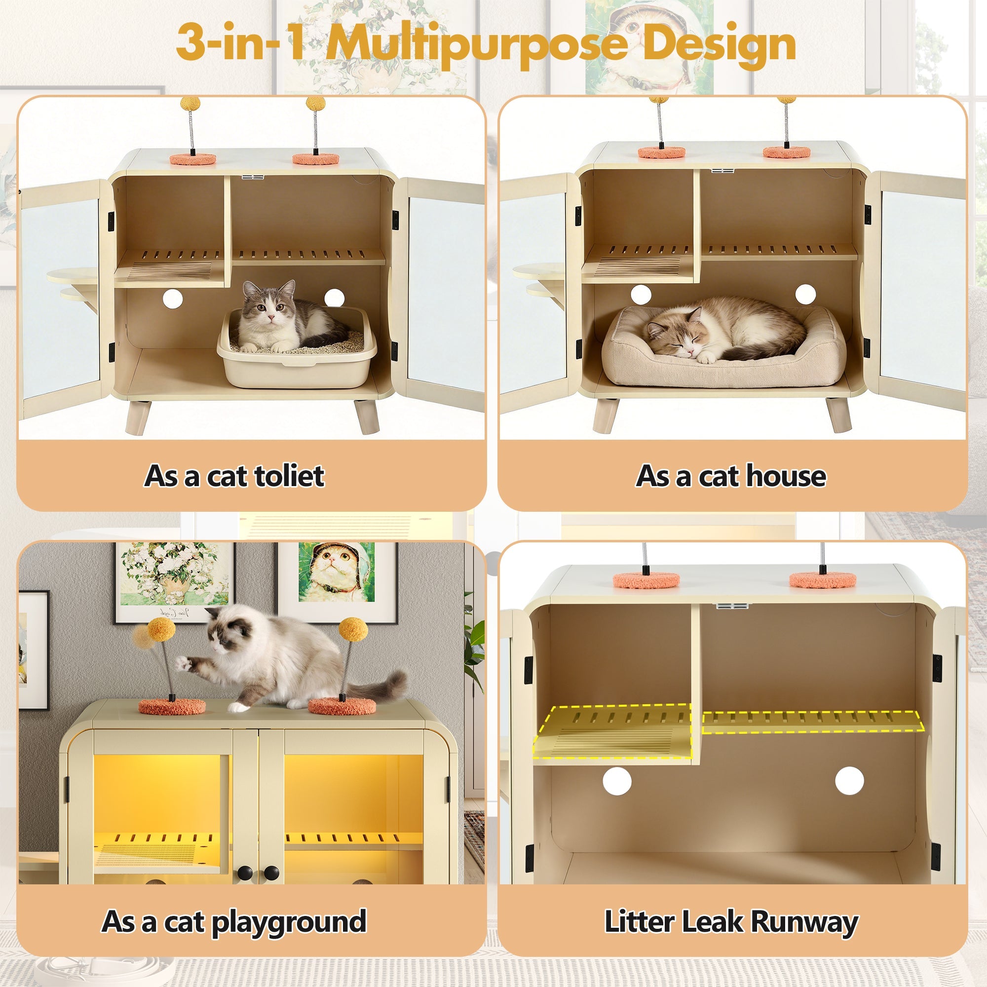 Litter Box Enclosure with LED Light and Glass Doors - Cat - (Total Privacy) - (Toys Included) - (While Supplies Last)