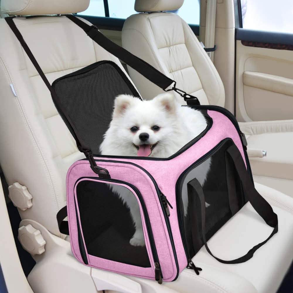 Collapsible Pet Car Carrier Seat and Travel Bag - Dog Cat - (Mesh Windows) - (4 Color Options)