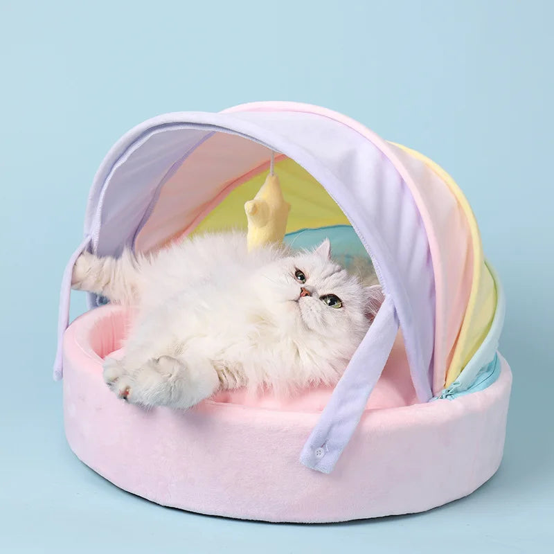 Pastel Cozy Rainbow Canopy Bed with Star-Shaped Toy  - Cat   - (45*45*32 cm) - (While Supplies Last)