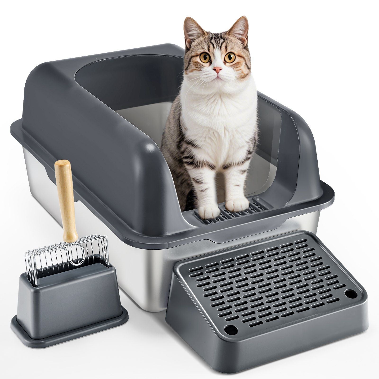 Large Capacity Quality Odor-Free Litter Box - Cat - (Light or Dark Grey)