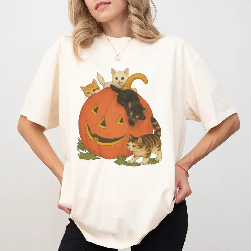 Vintage 90s Halloween Cat T-Shirt -(11 Colors) - (3XL - Sm) - Ladies