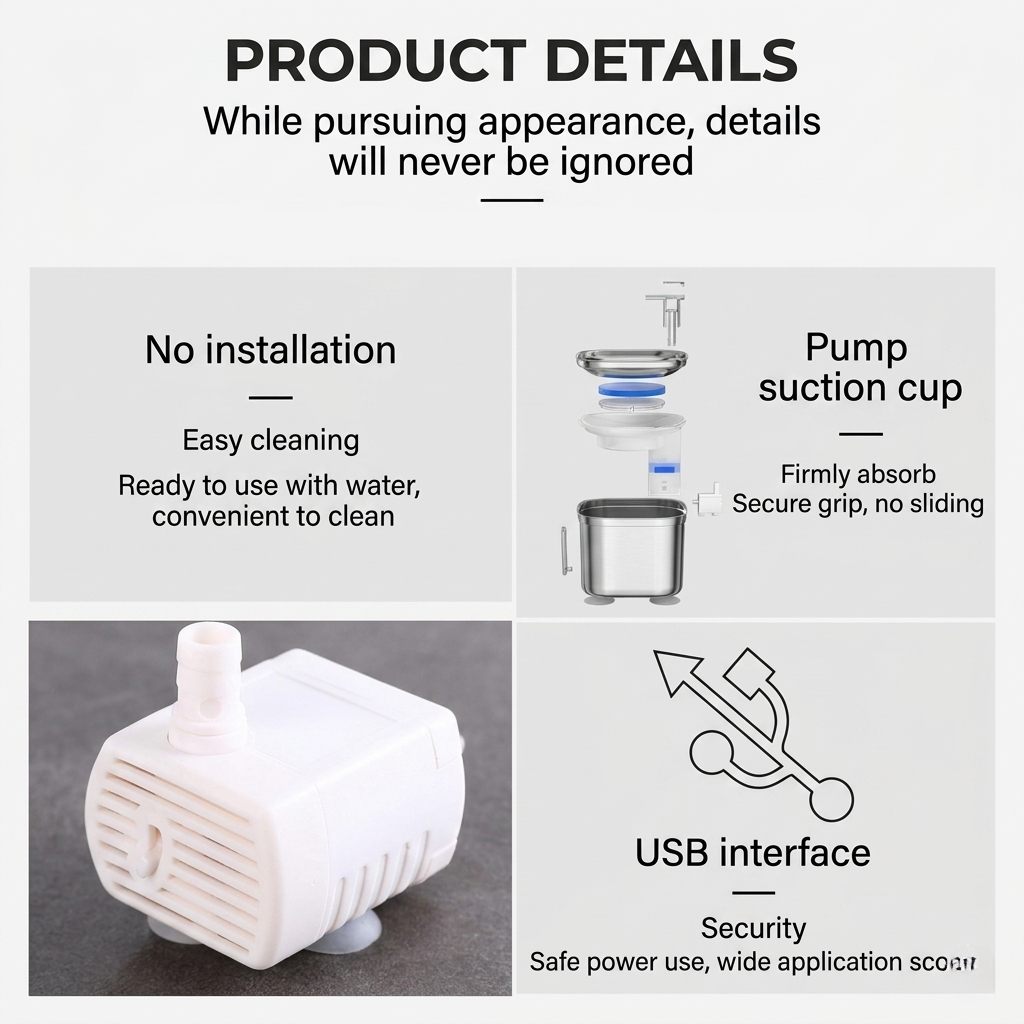 Quiet Circulating Water Fountain Bowl, Includes, Pump, Filter, Adapter -Dog Cat -  (Stainless Steel)