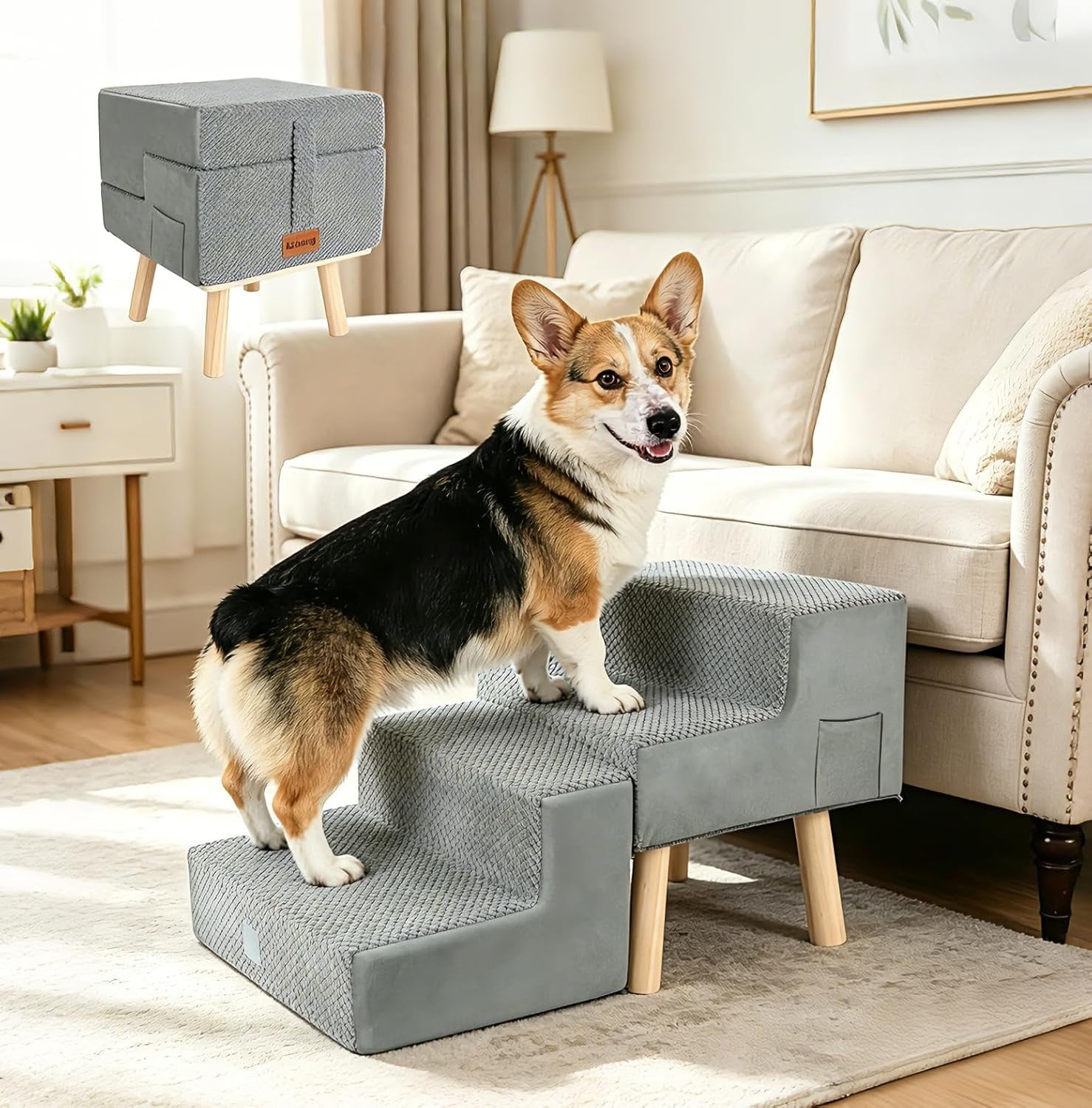 4-Step Stairs  - Dog - (Foldable and Portable) - (Beige, Grey) - (Frisco) - (While Supplies Last)