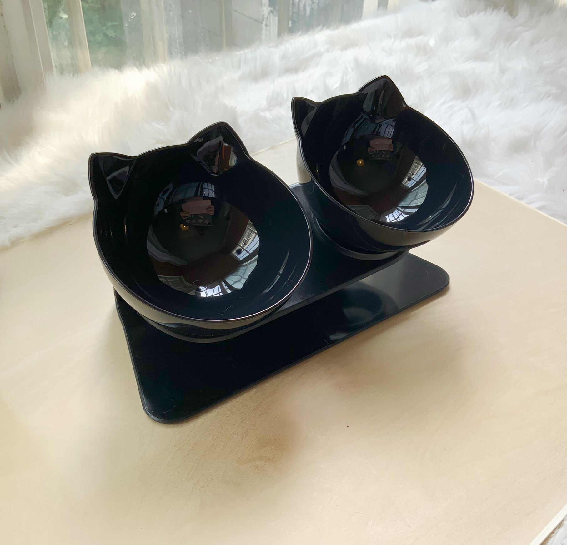 Non-Slip Elevated One Base Dual Cat Bowls - (25 Color/Style Options)