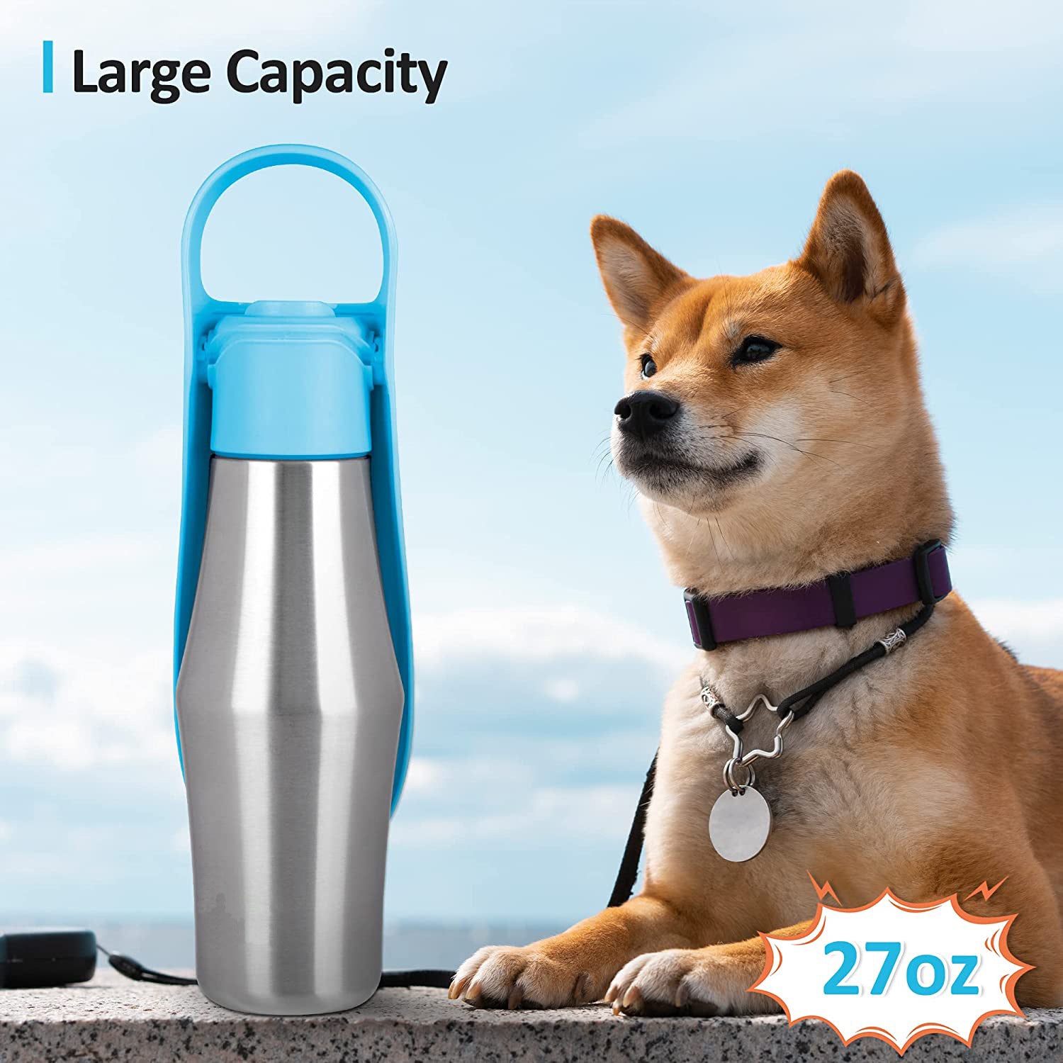 Soft Silicone Travel Water Bottle with Feed Bowl - Dog - (6 Color Options)