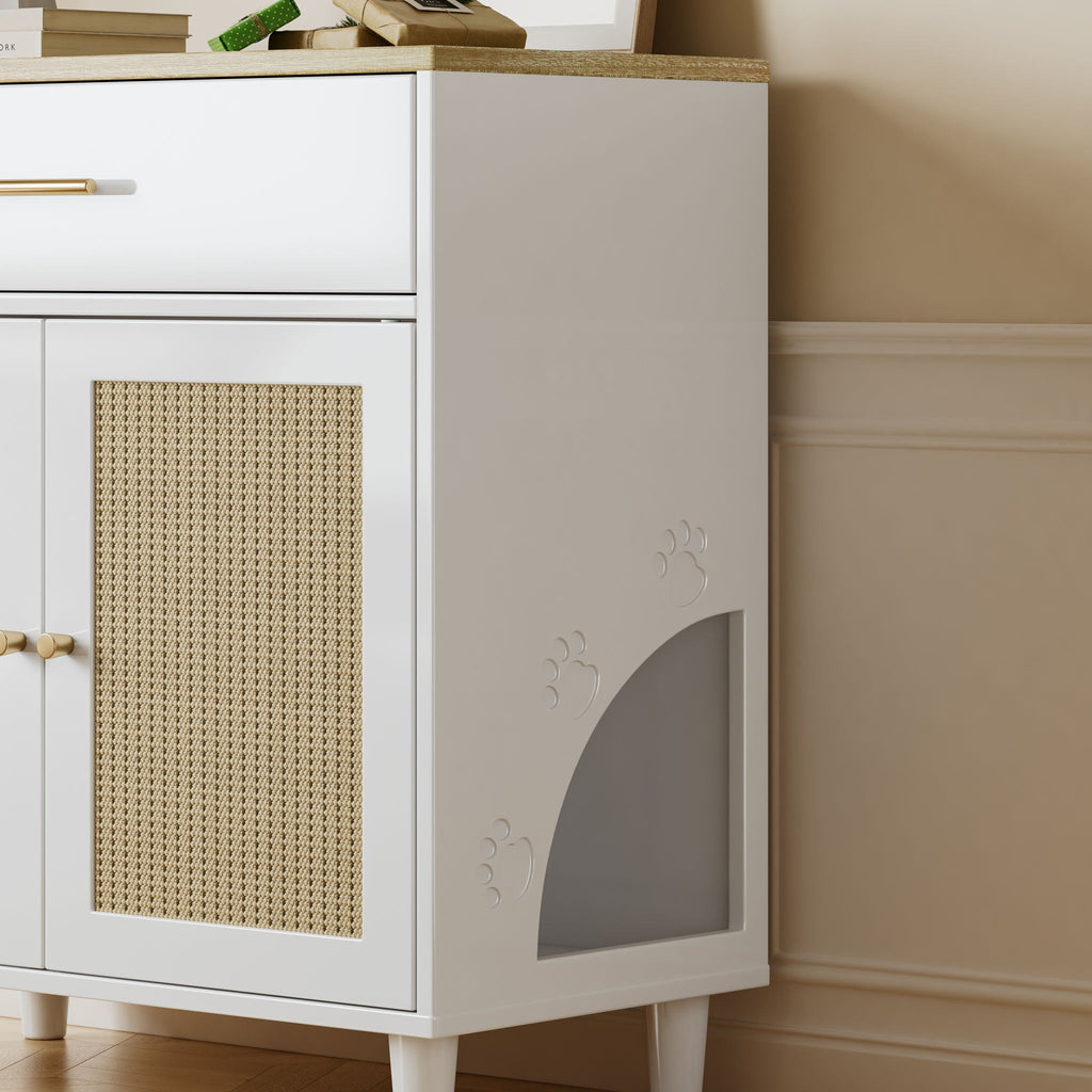 Wood Cabinet Furniture Litter Box Enclosure - Cat - (With Scratch Pad) - (White/Lt. Brown) - (While Supplies Last)