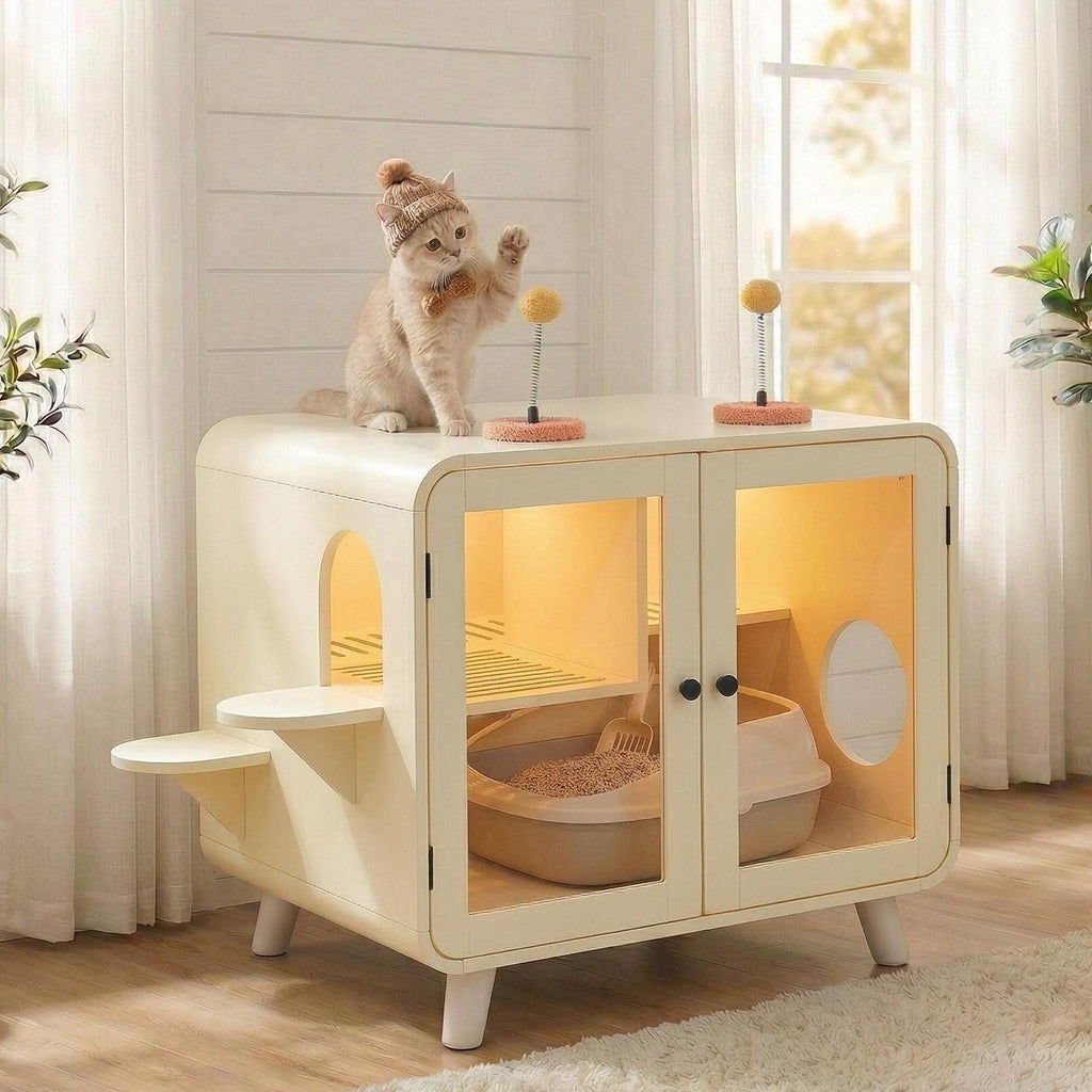 Litter Box Enclosure with LED Light and Glass Doors - Cat - (Total Privacy) - (Toys Included) - (While Supplies Last)