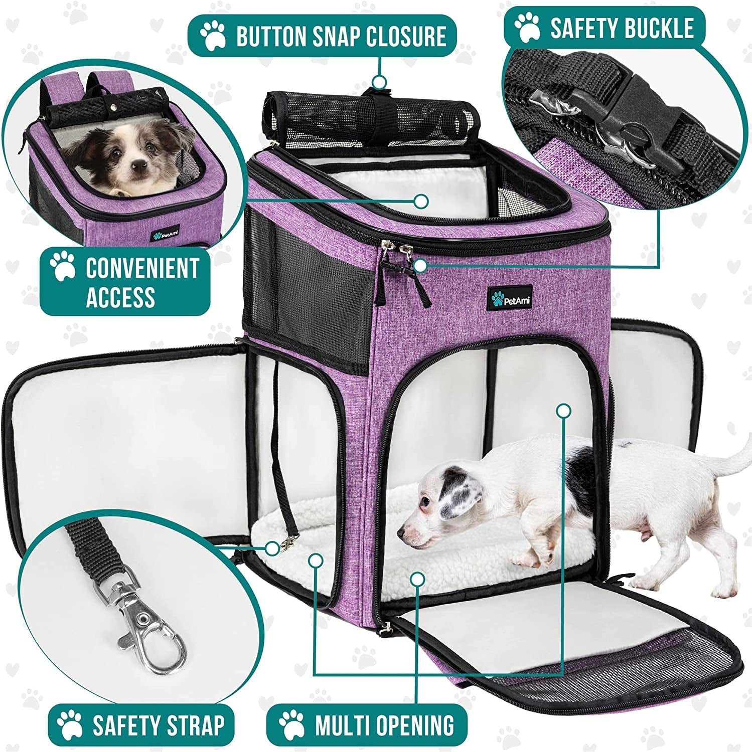 Airline Approved Pet Carrier Backpack  - Dog Cat - (Black+Purple) - (One Size: 16.5 x 12.5 x 12 inches) - (PetAmi) - (While Supplies Last)