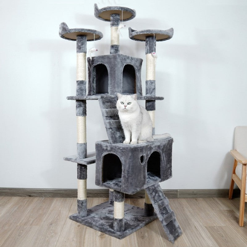 Large Wood Cat Tree - Cats  - (3-Jumping Platforms) - (2 Cat Houses) - (Scratch Posts)  - (Dark Grey) -