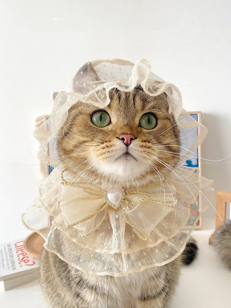 Lace Bibs and Princess Hat - Dog Cat - (Beige, Black) - (S-M) One Size Fits All
