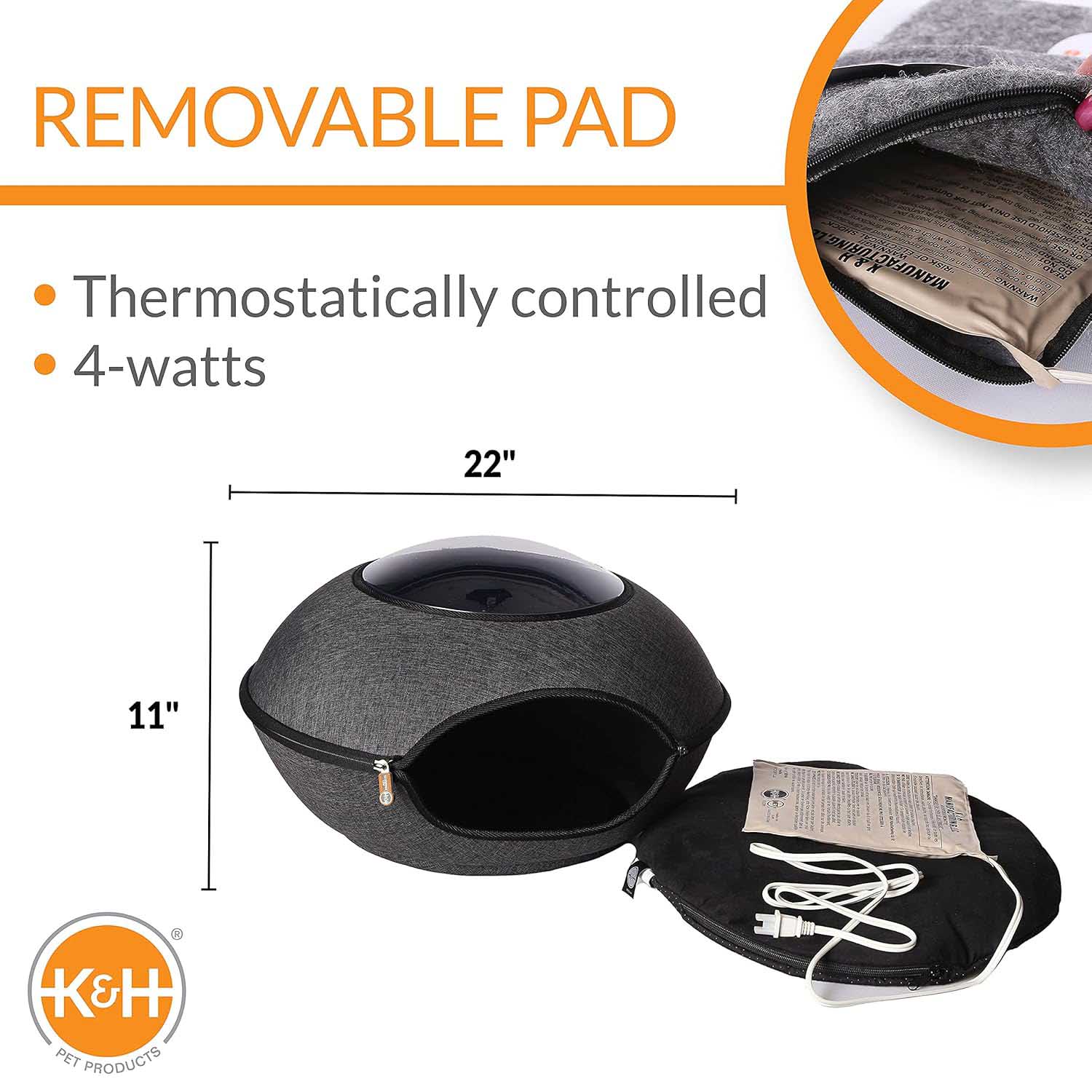 Indoor Heated Cave Pod with Cozy Bed - Cat -  (Energy Efficient) - (22" D) - (Grey) - (While Supplies Last)