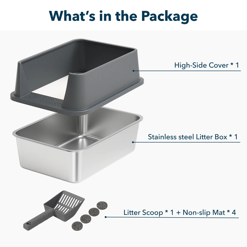High Sided Rust-Free Litter Box - Multi-Cats - (Stainless Steel) - (XXL) - (3 Color Options)