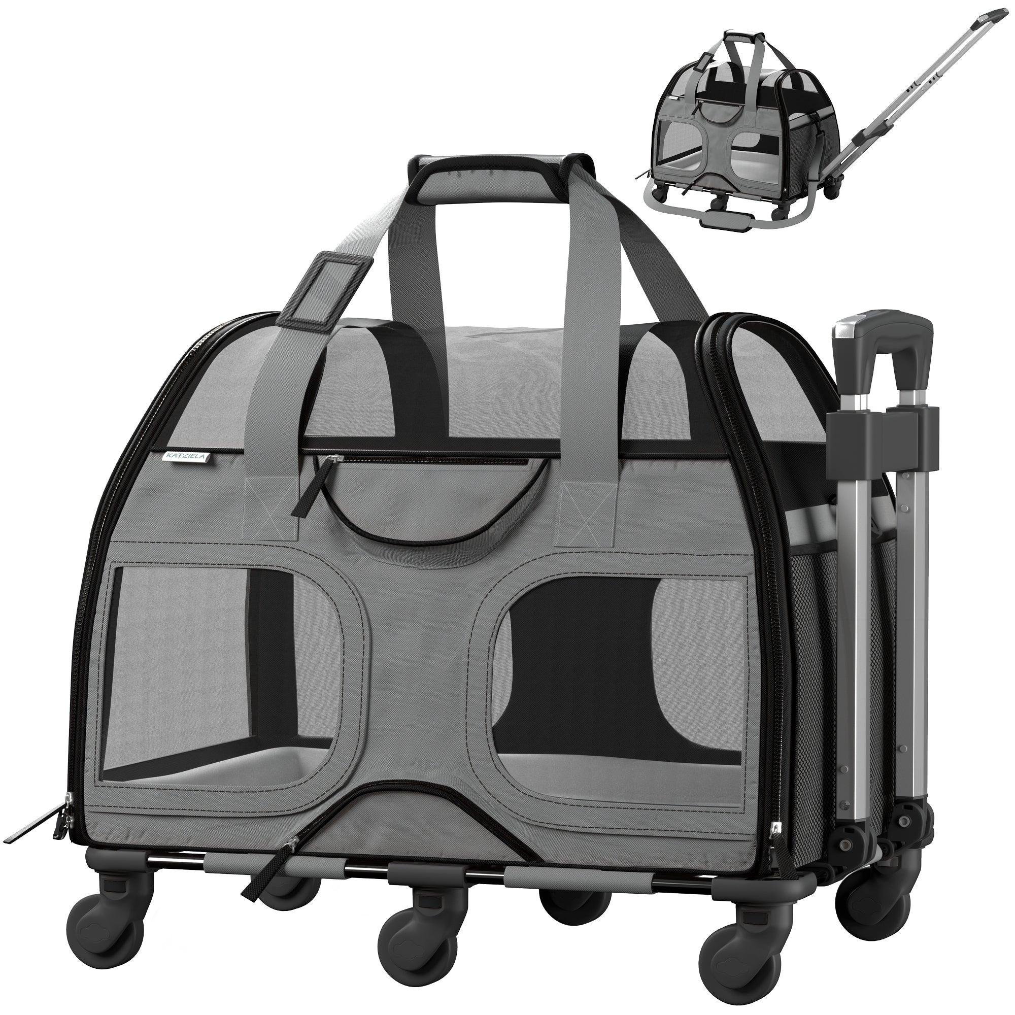 Airline Approved Luxury Pet Carrier with Removable Wheels and Telescopic Handle - Cat Dog - (8 Color Options) - (Katziela)
