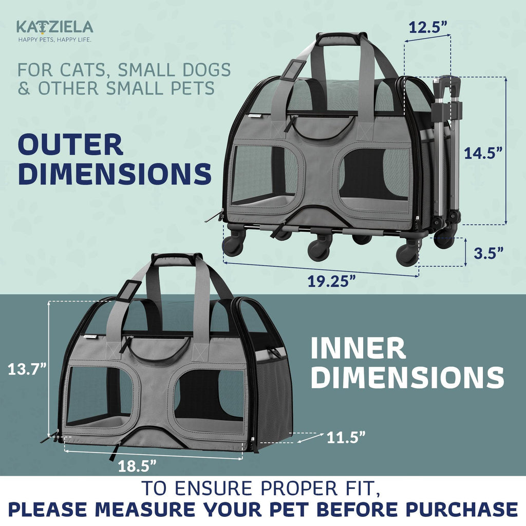 Airline Approved Luxury Pet Carrier with Removable Wheels and Telescopic Handle - Cat Dog - (8 Color Options) - (Katziela)