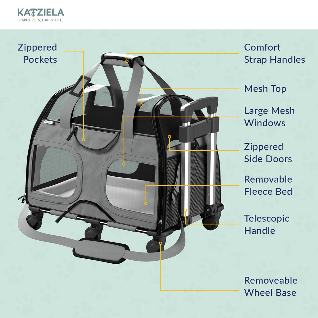 Airline Approved Luxury Pet Carrier with Removable Wheels and Telescopic Handle - Cat Dog - (8 Color Options) - (Katziela)