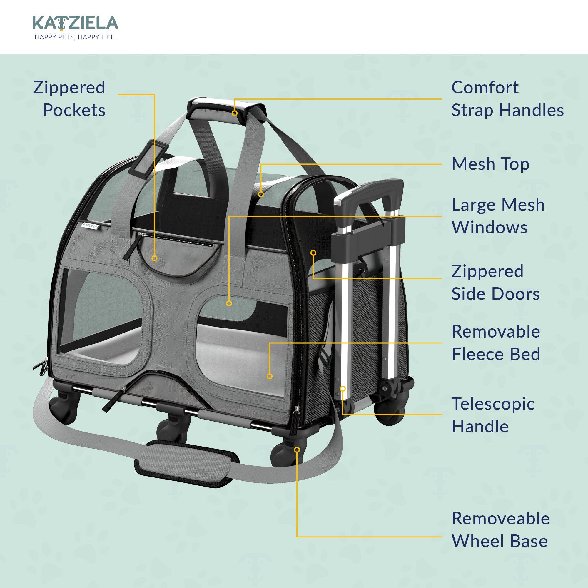 Airline Approved Luxury Pet Carrier with Removable Wheels and Telescopic Handle - Cat Dog - (8 Color Options) - (Katziela)