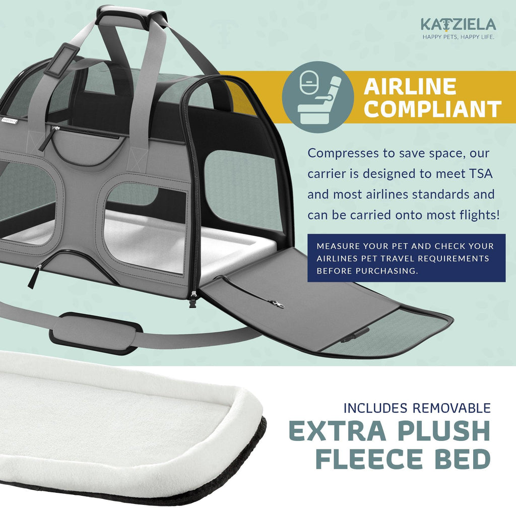 Airline Approved Luxury Pet Carrier with Removable Wheels and Telescopic Handle - Cat Dog - (8 Color Options) - (Katziela)
