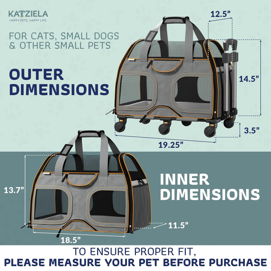 Airline Approved Luxury Pet Carrier with Removable Wheels and Telescopic Handle - Cat Dog - (8 Color Options) - (Katziela)