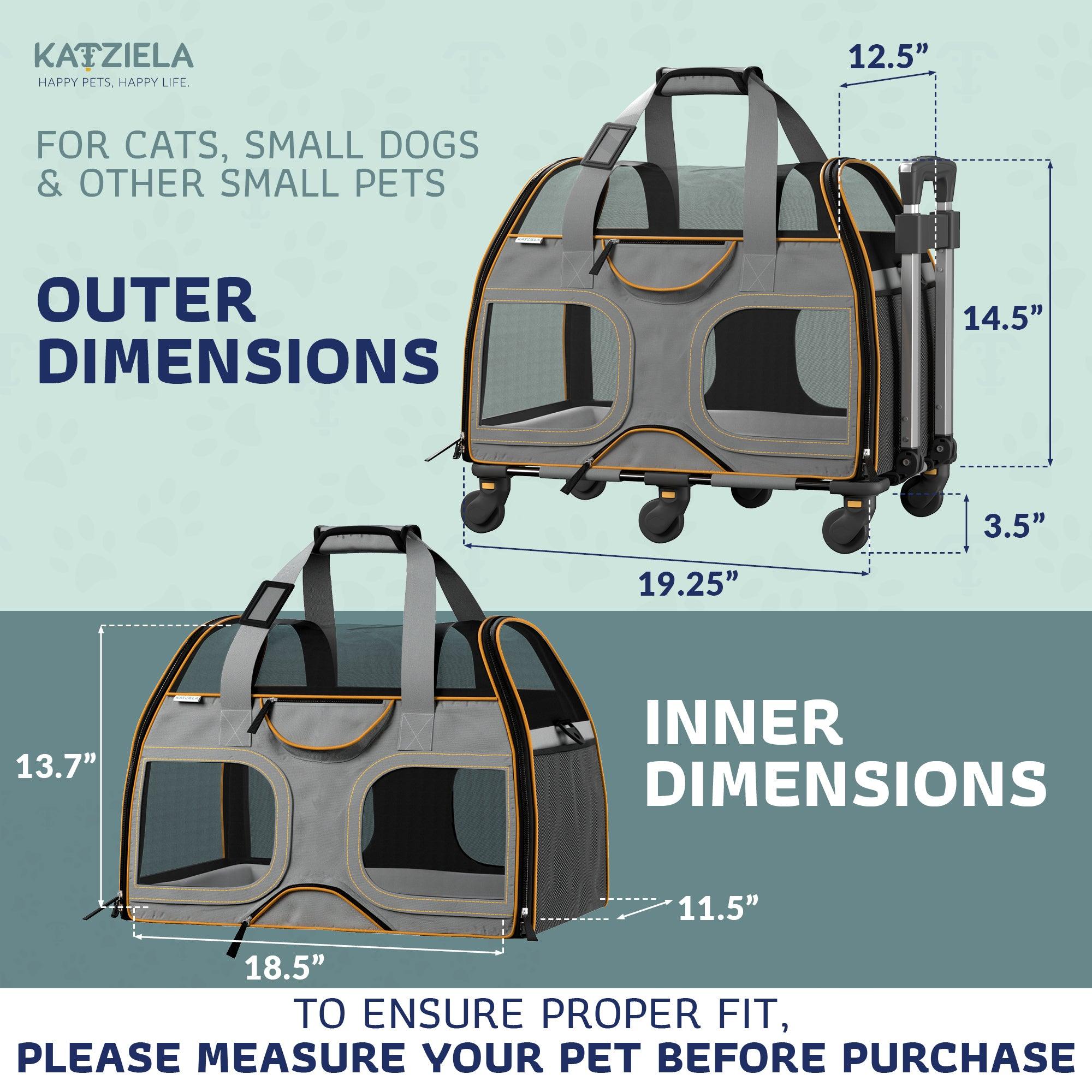 Airline Approved Luxury Pet Carrier with Removable Wheels and Telescopic Handle - Cat Dog - (8 Color Options) - (Katziela)