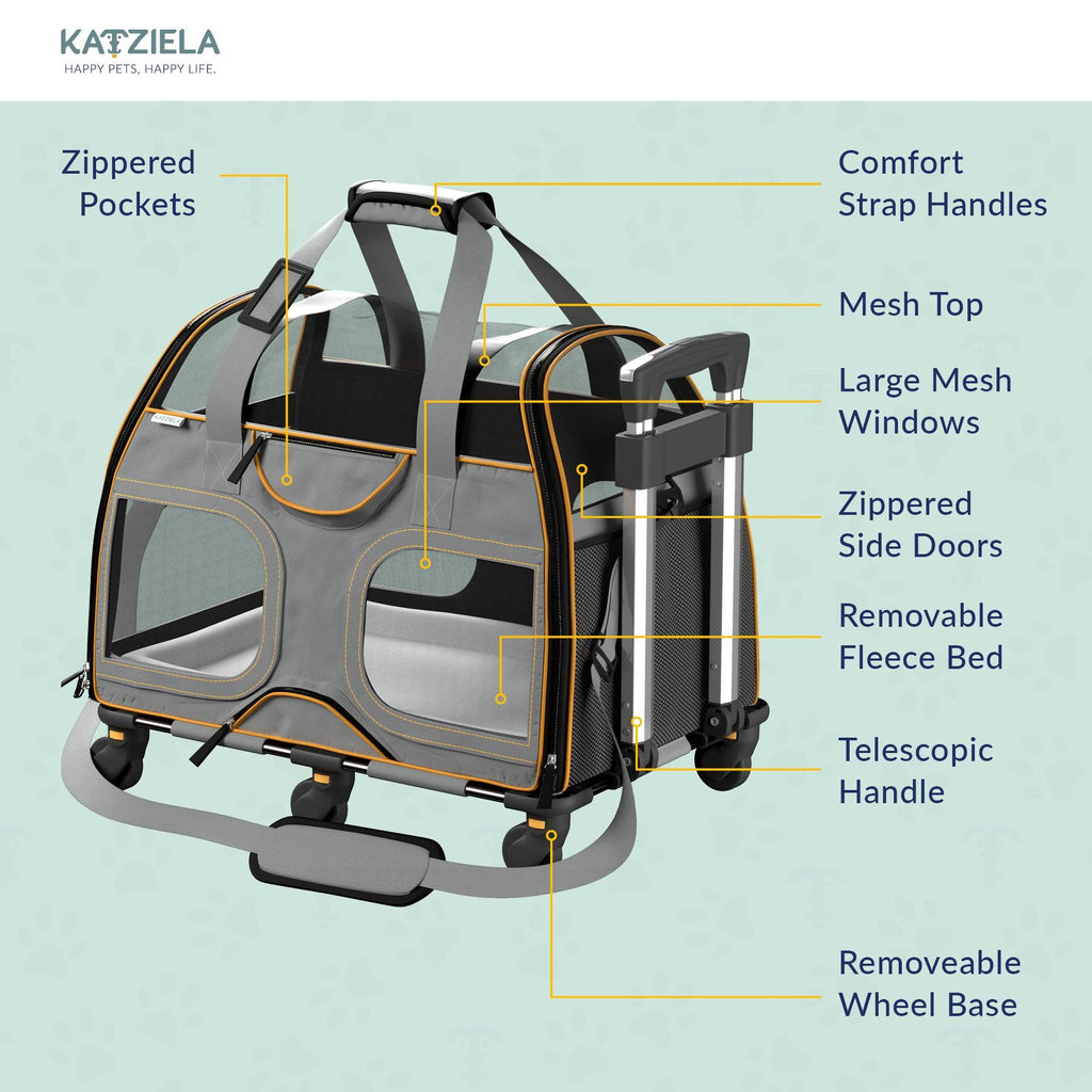 Airline Approved Luxury Pet Carrier with Removable Wheels and Telescopic Handle - Cat Dog - (8 Color Options) - (Katziela)