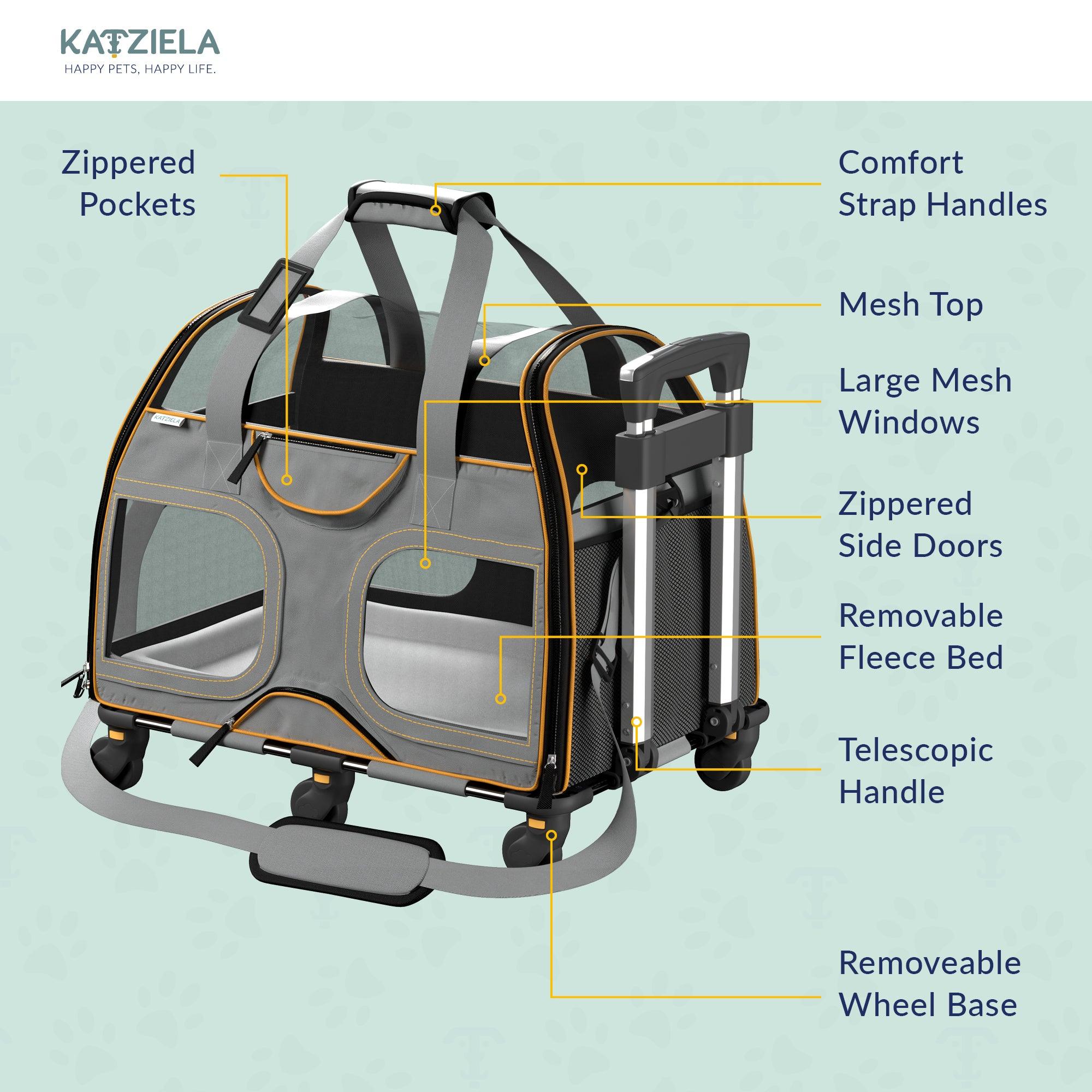 Airline Approved Luxury Pet Carrier with Removable Wheels and Telescopic Handle - Cat Dog - (8 Color Options) - (Katziela)
