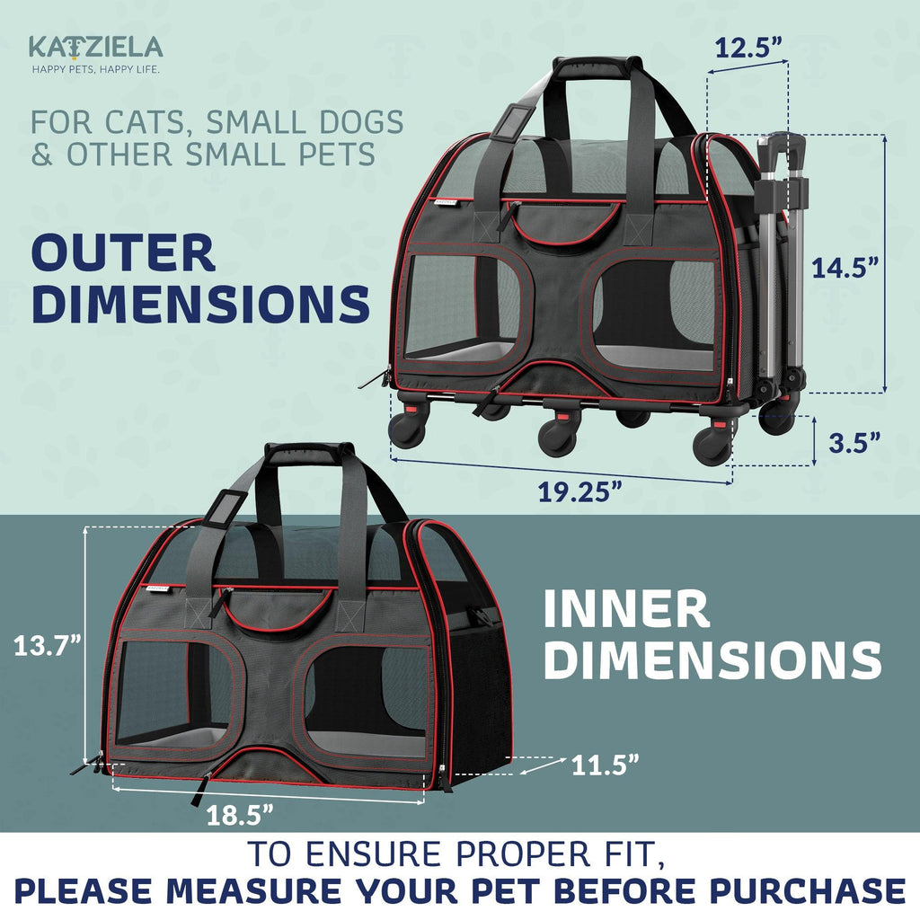 Airline Approved Luxury Pet Carrier with Removable Wheels and Telescopic Handle - Cat Dog - (8 Color Options) - (Katziela)