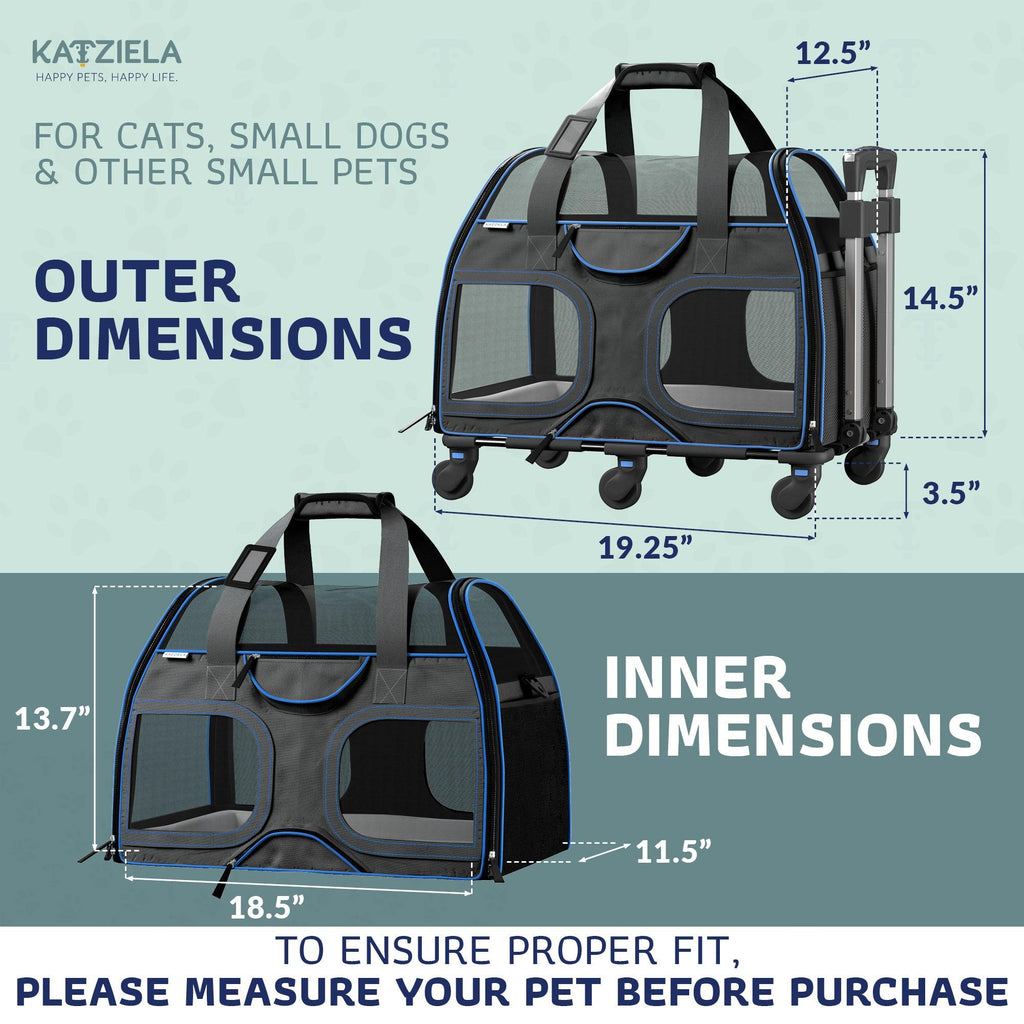 Airline Approved Luxury Pet Carrier with Removable Wheels and Telescopic Handle - Cat Dog - (8 Color Options) - (Katziela)