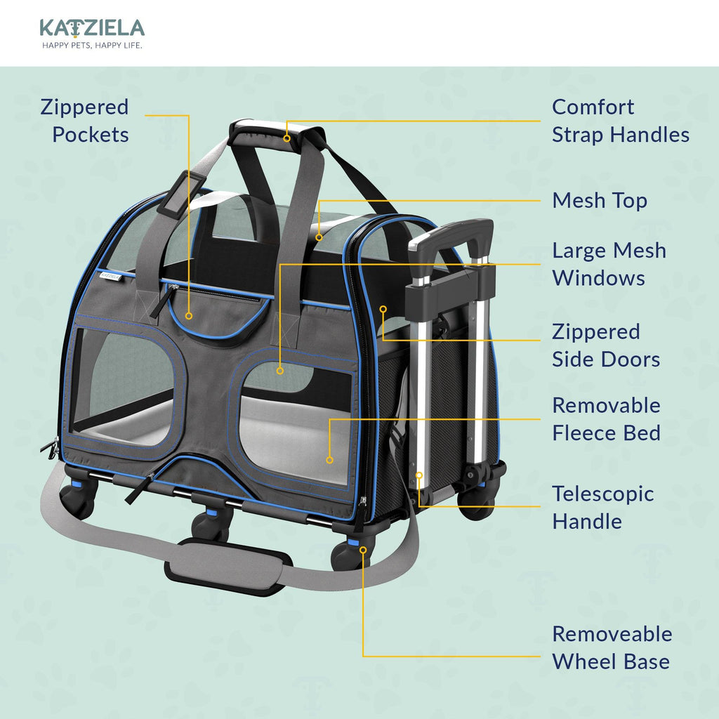 Airline Approved Luxury Pet Carrier with Removable Wheels and Telescopic Handle - Cat Dog - (8 Color Options) - (Katziela)