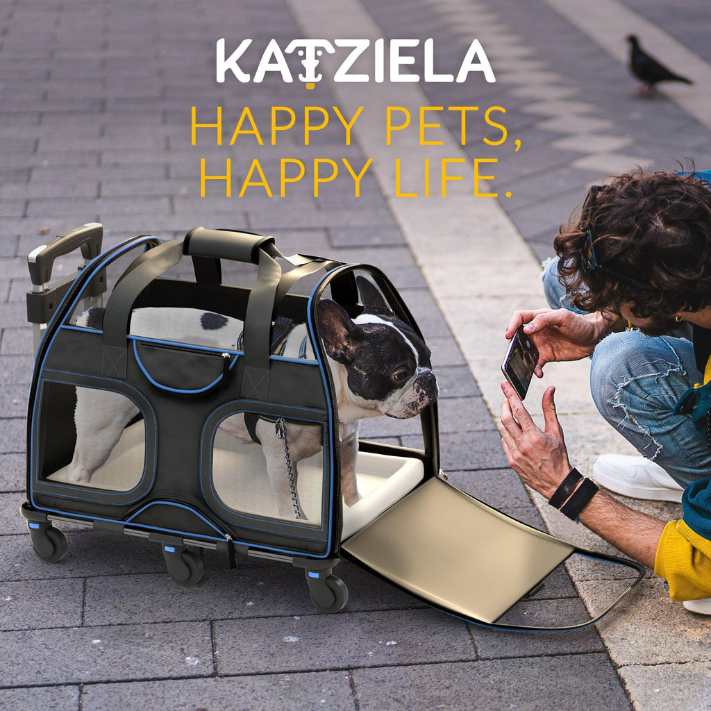 Airline Approved Luxury Pet Carrier with Removable Wheels and Telescopic Handle - Cat Dog - (8 Color Options) - (Katziela)