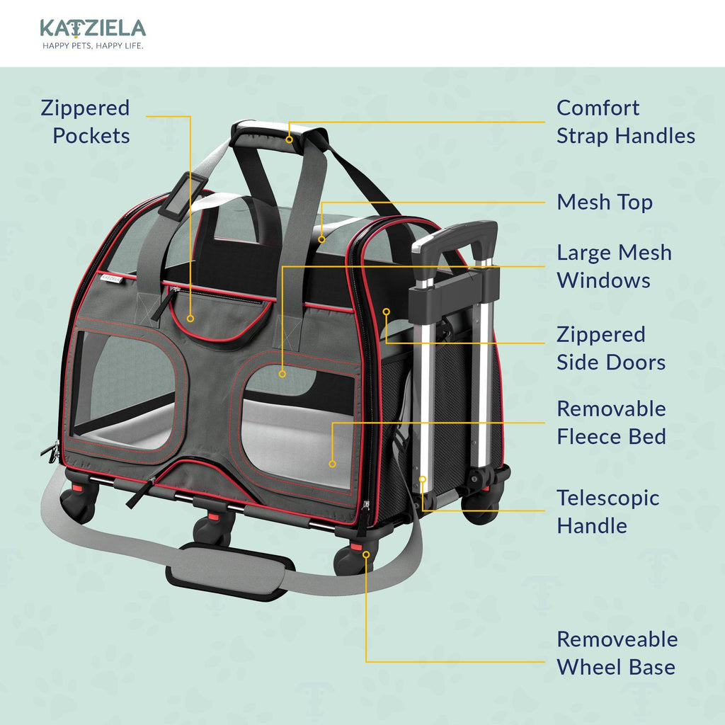 Airline Approved Luxury Pet Carrier with Removable Wheels and Telescopic Handle - Cat Dog - (8 Color Options) - (Katziela)