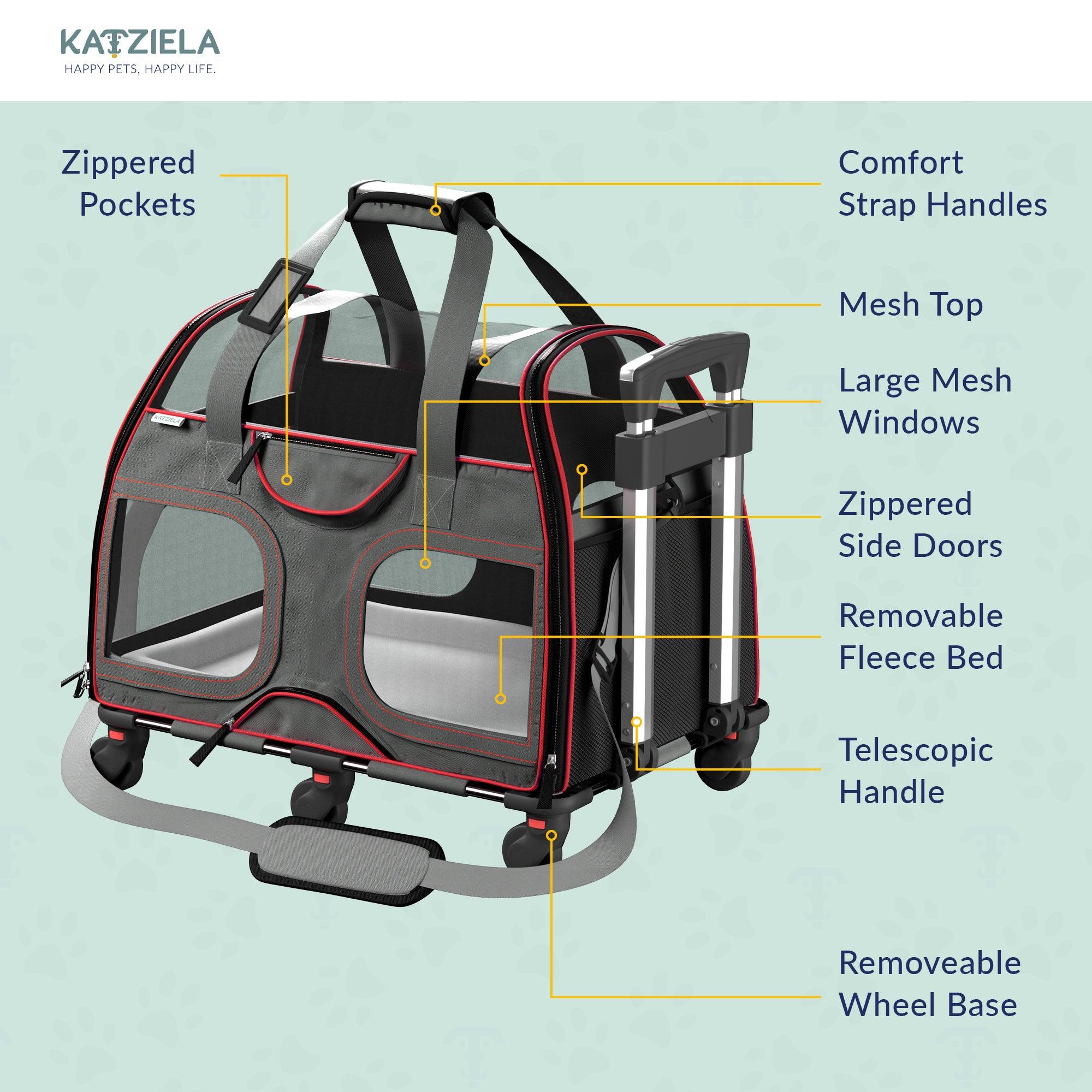 Airline Approved Luxury Pet Carrier with Removable Wheels and Telescopic Handle - Cat Dog - (8 Color Options) - (Katziela)