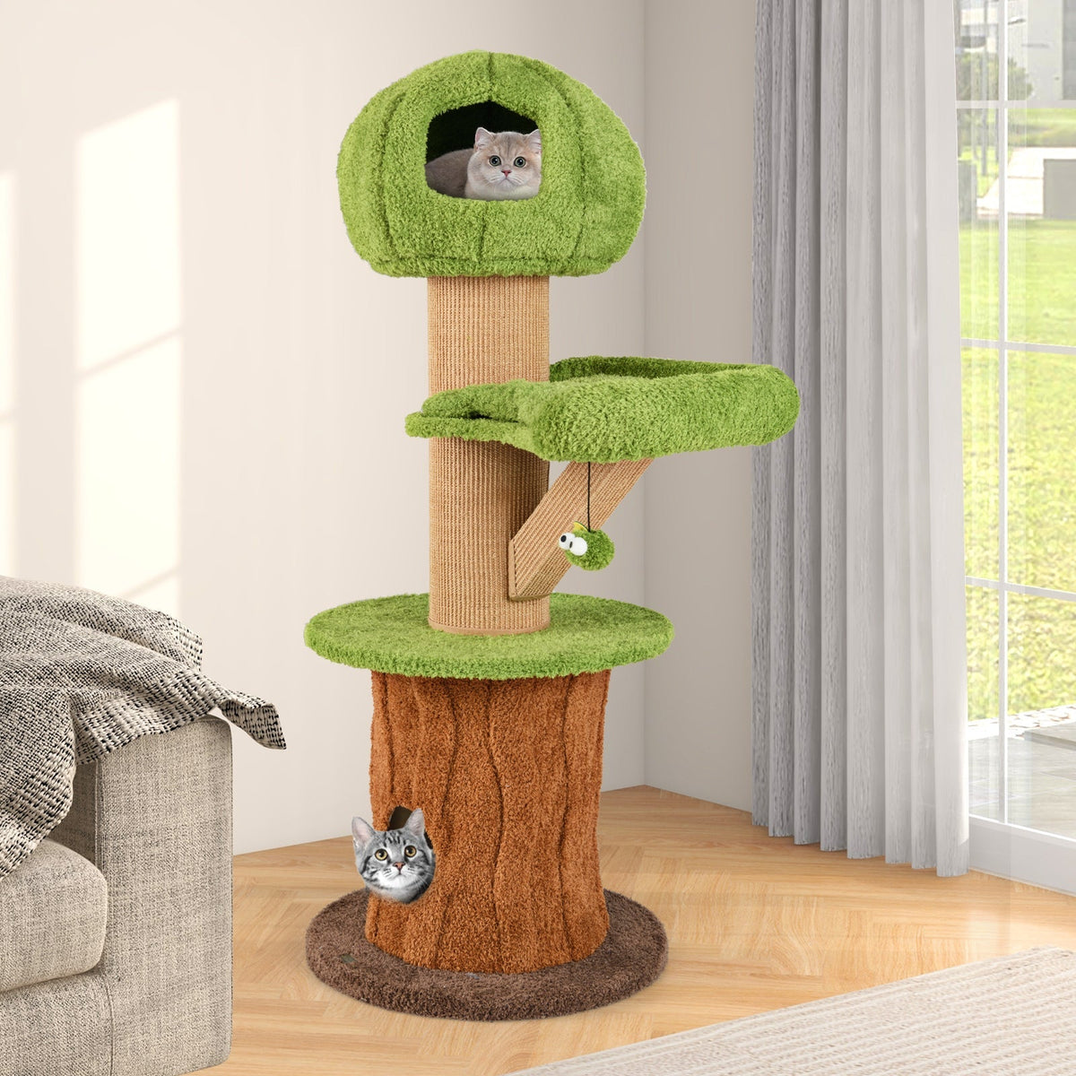 Cozy Mushroom-Shaped Cat Tree Tower with 2 Cute Condos, Plush Perch, Scratching Post,  and Teasing Balls - (Green) - (Secure Activity)