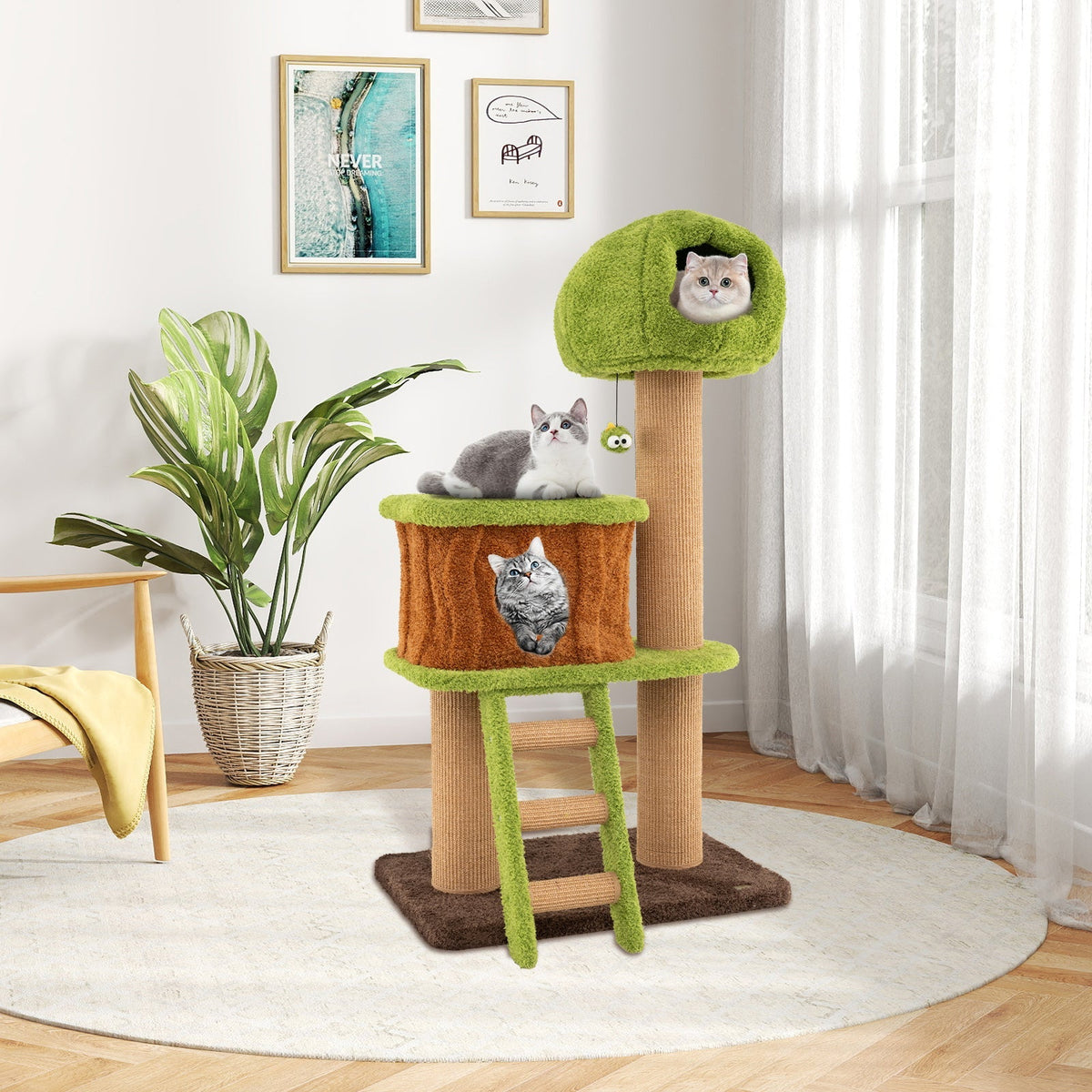 Cute Cat Tree with 1-Mushroom-Shaped Condo and 1 Cozy Bottom Condo with a Climbing Ladder - (Green) - (Great Exercise)