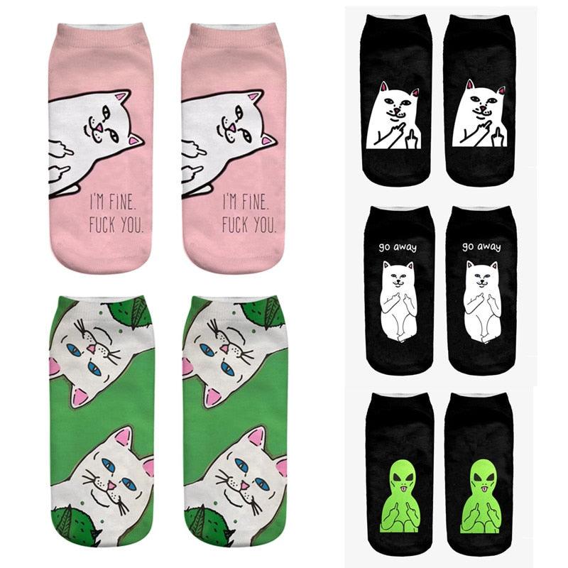 3D Cat Ankle Socks - (25 Style Options) - (4 Color Options) - One Size - Girls and Women