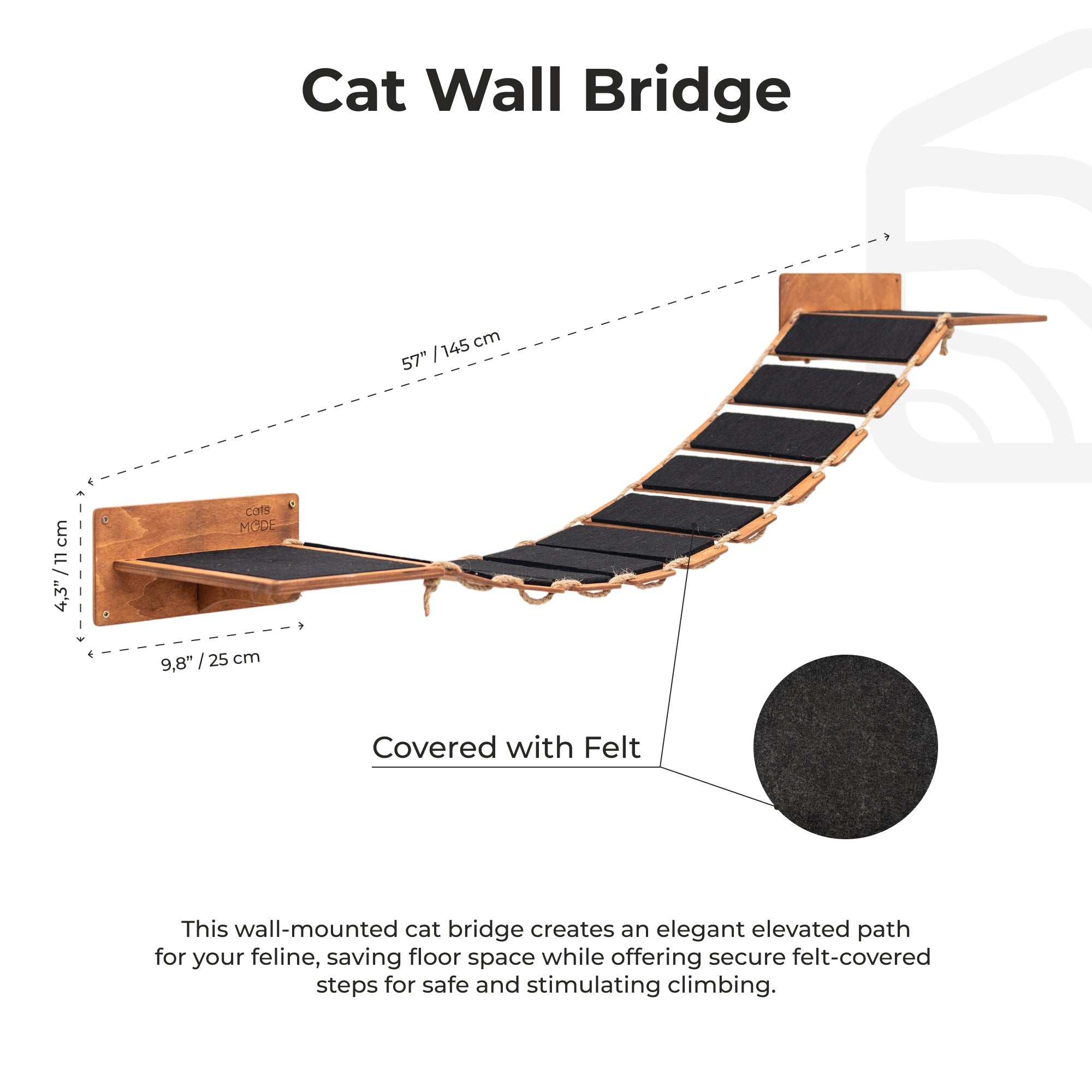 Oak Rope Bridge with 2 Felt Covered Stairs - Cat - (48.8" L)