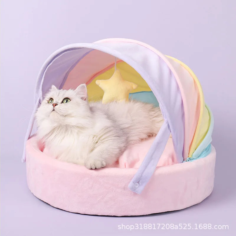 Pastel Cozy Rainbow Canopy Bed with Star-Shaped Toy  - Cat   - (45*45*32 cm) - (While Supplies Last)