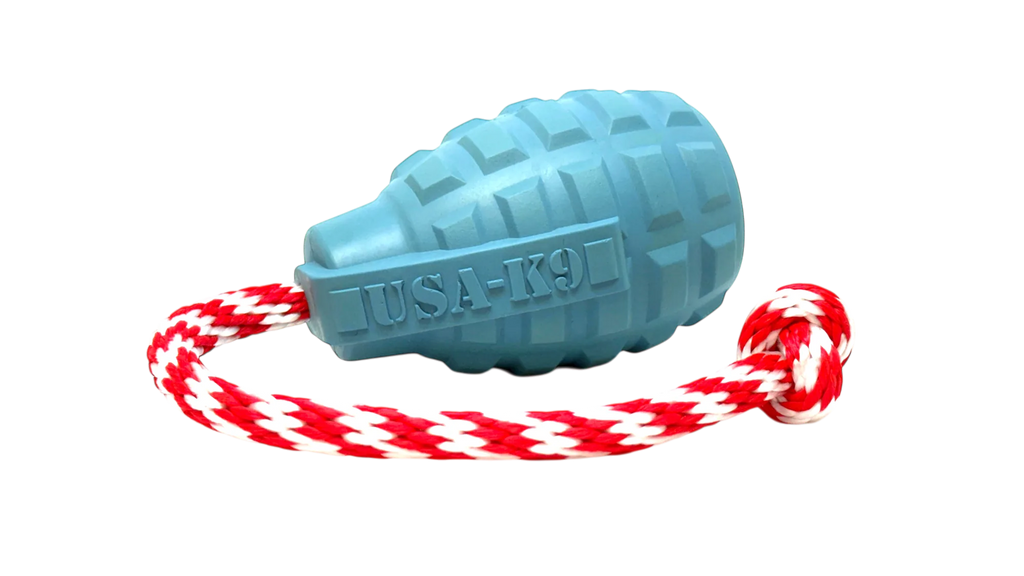USA-K9 Grenade Shaped Rubber Tug Toy -  Dog -  (M, L) - (Treat Dispenser) - (Blue, Red) - (While Supplies Last)