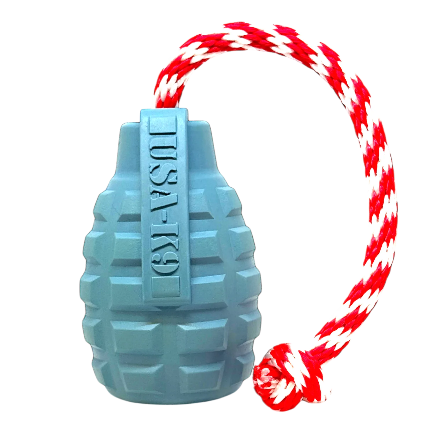 USA-K9 Grenade Shaped Rubber Tug Toy -  Dog -  (M, L) - (Treat Dispenser) - (Blue, Red) - (While Supplies Last)